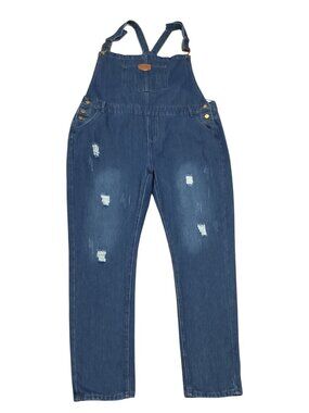 Denim Distressed Overalls 2XL Blue Cotton Adjustable Straps & Pockets Unisex